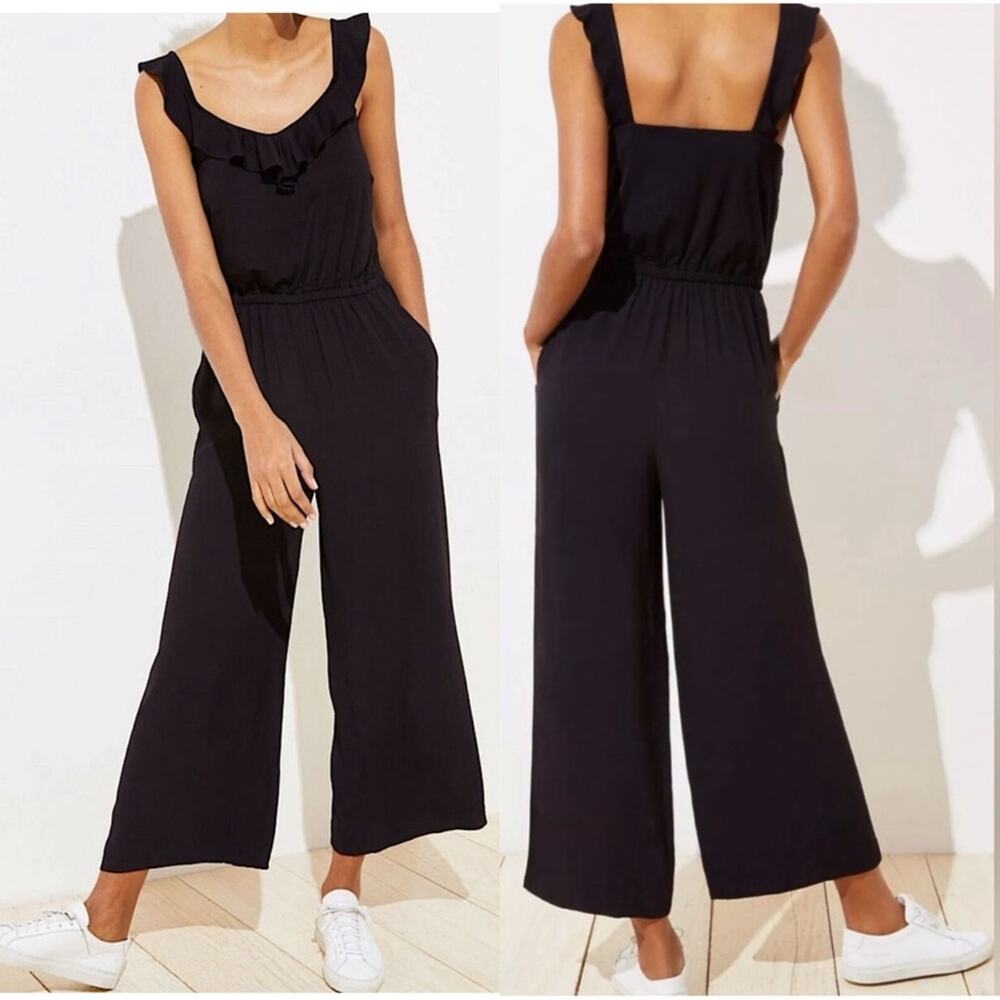 LOFT Black Ruffle Strap Wide Leg Jumpsuit S